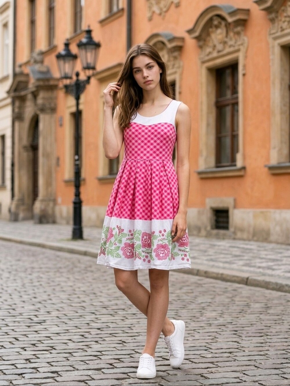 Women's Pink Gingham Floral Sleeveless Dress